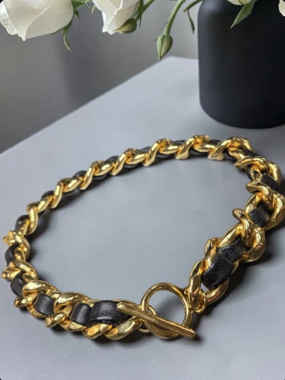 High-end Designer Vintage Chunky Gold & Woven Lambskin Leather Toggle Necklace
